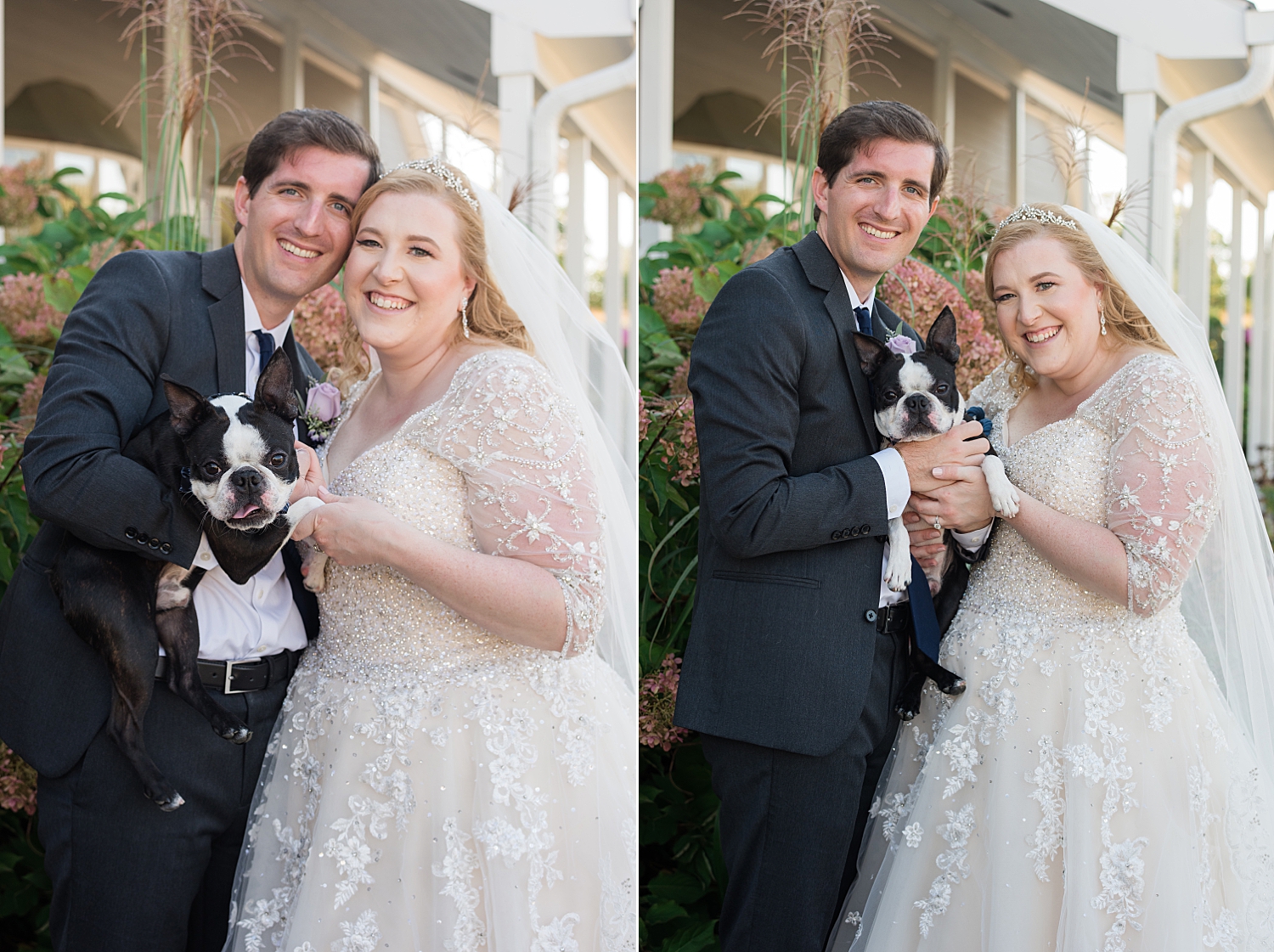 bride and groom with pup