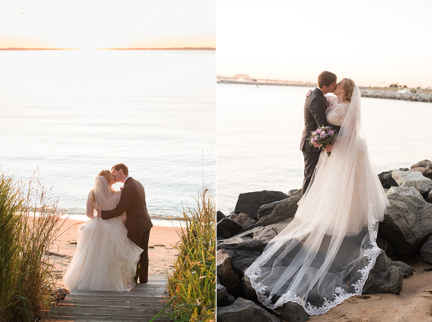 bride and groom portrait on beach at sunset