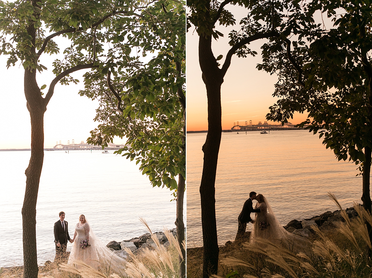 bride and groom portrait on beach at sunset