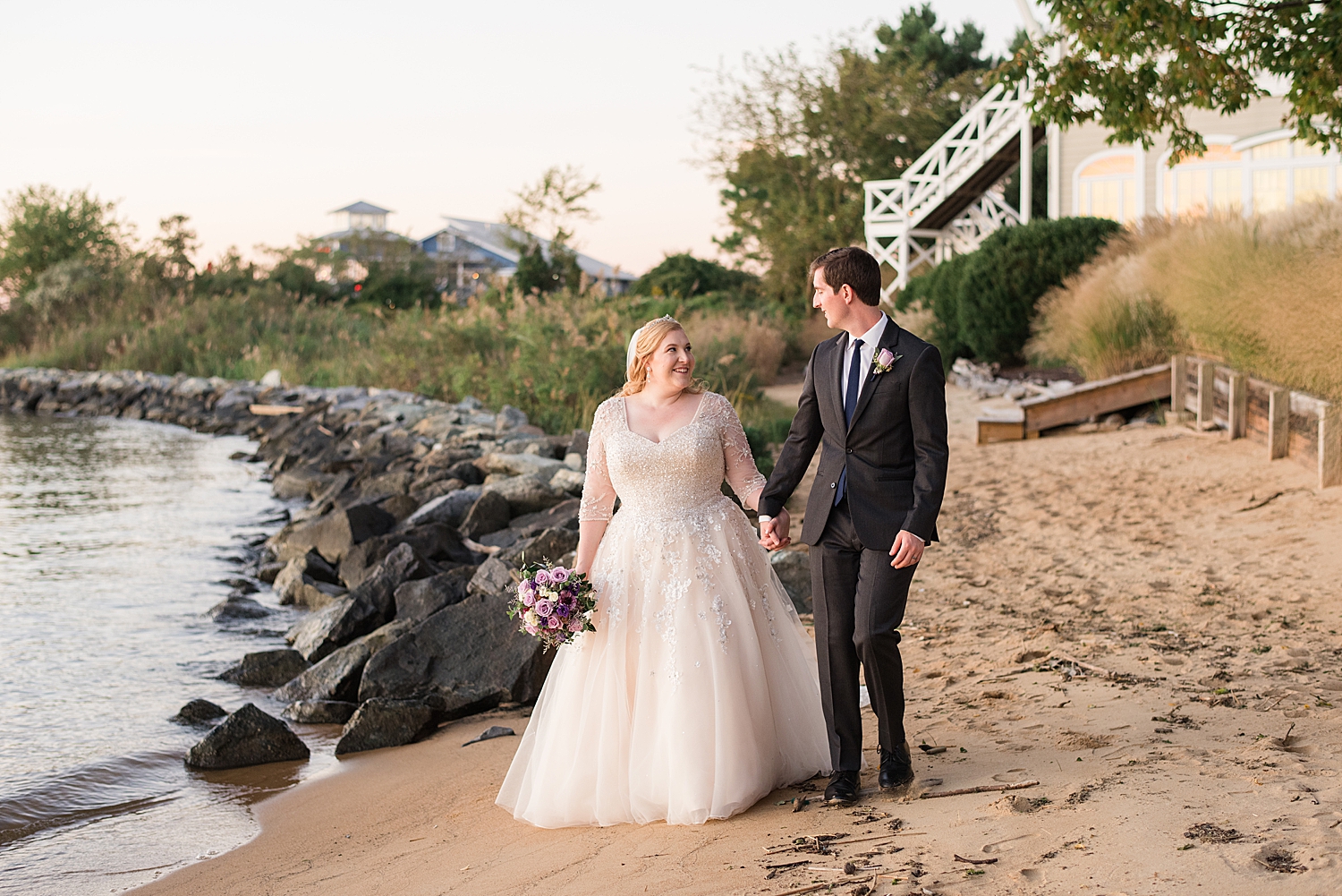 bride and groom portrait on beach at sunset