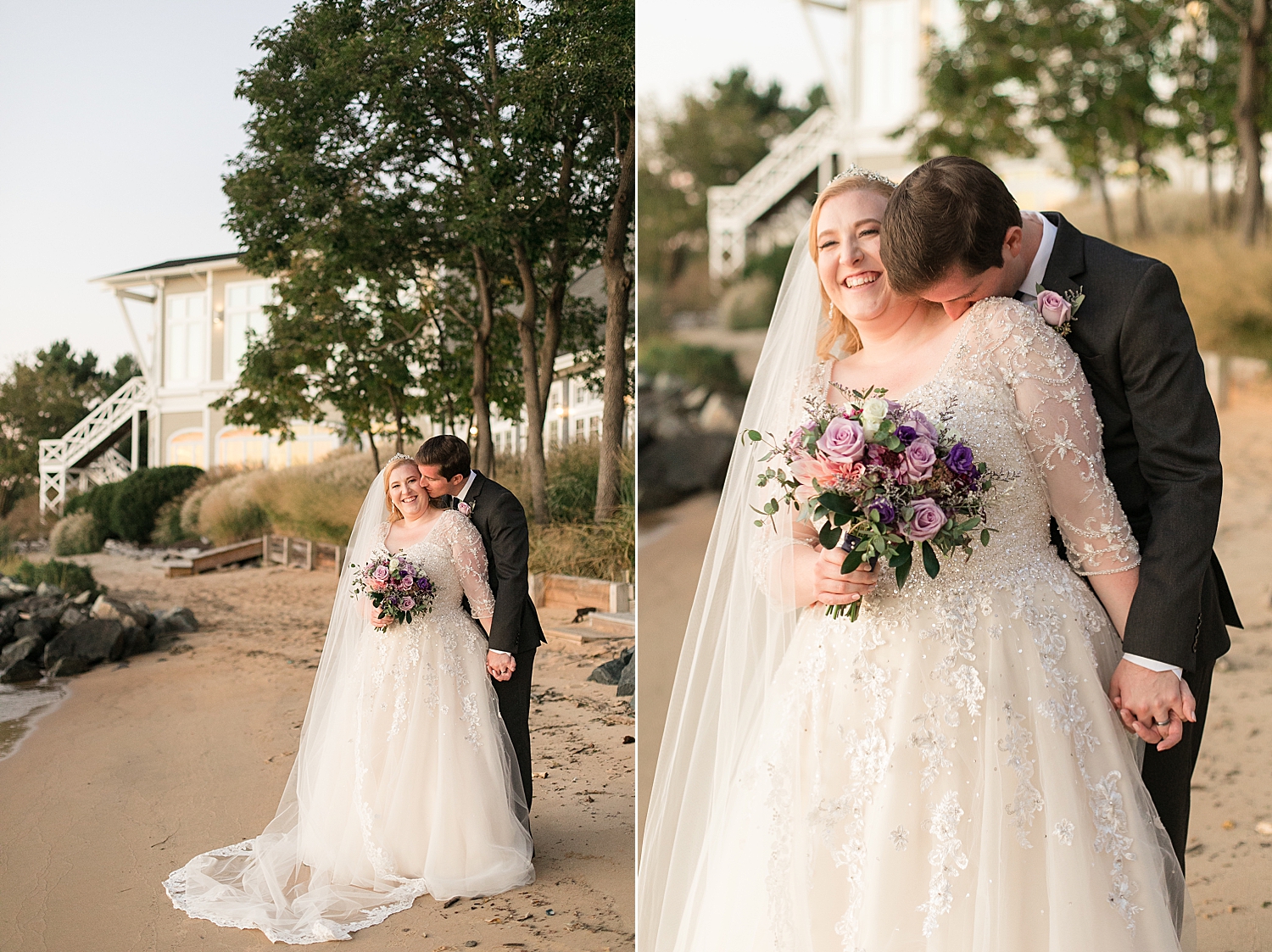 bride and groom portrait on beach at sunset