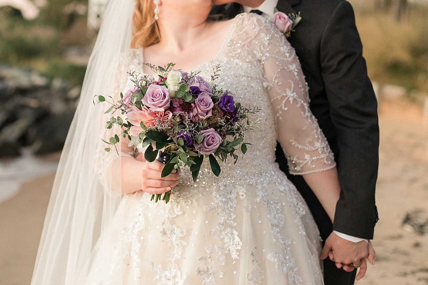 bride and groom portrait on beach at sunset