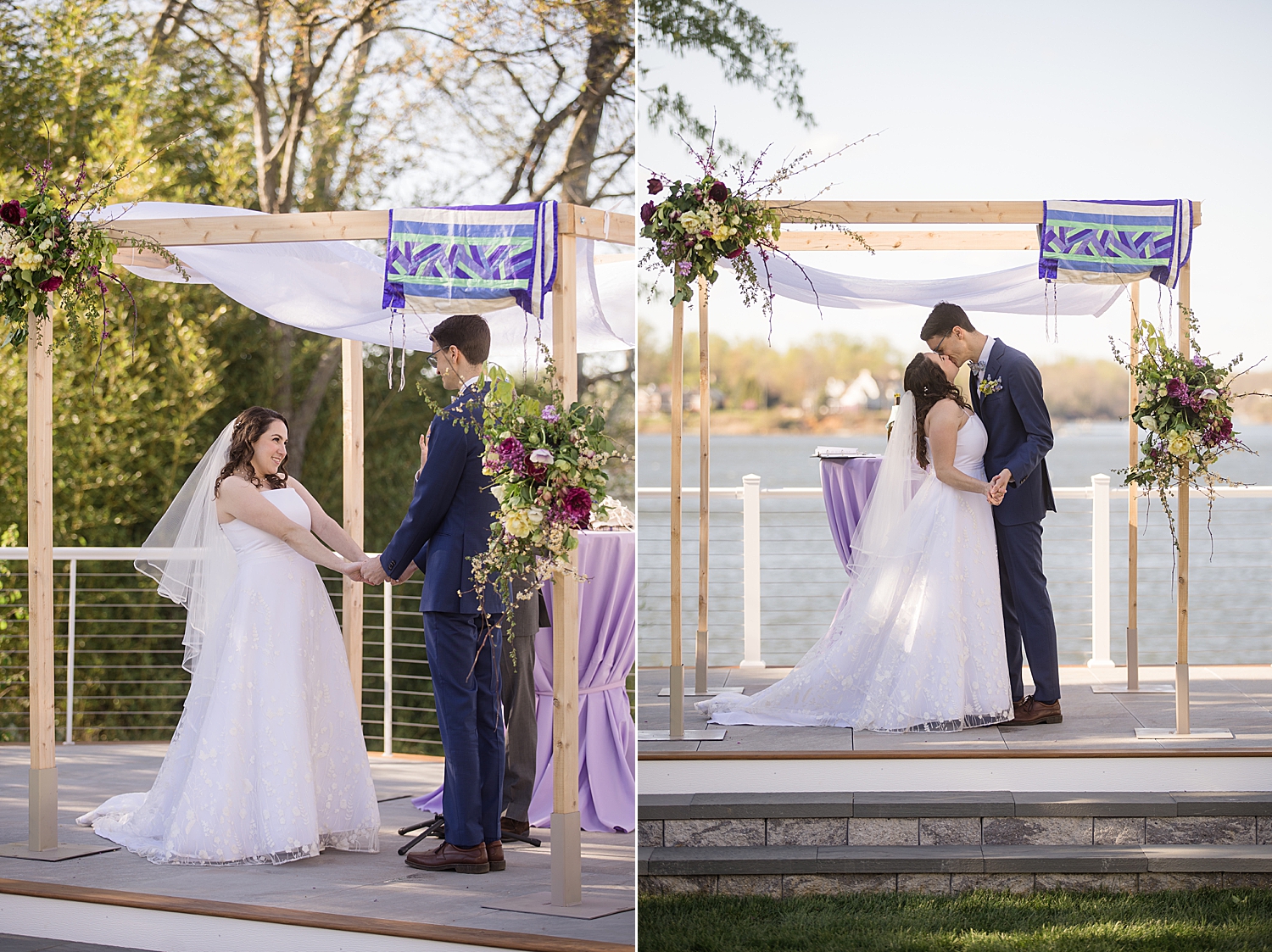 bride and groom first kiss outaide under chuppah