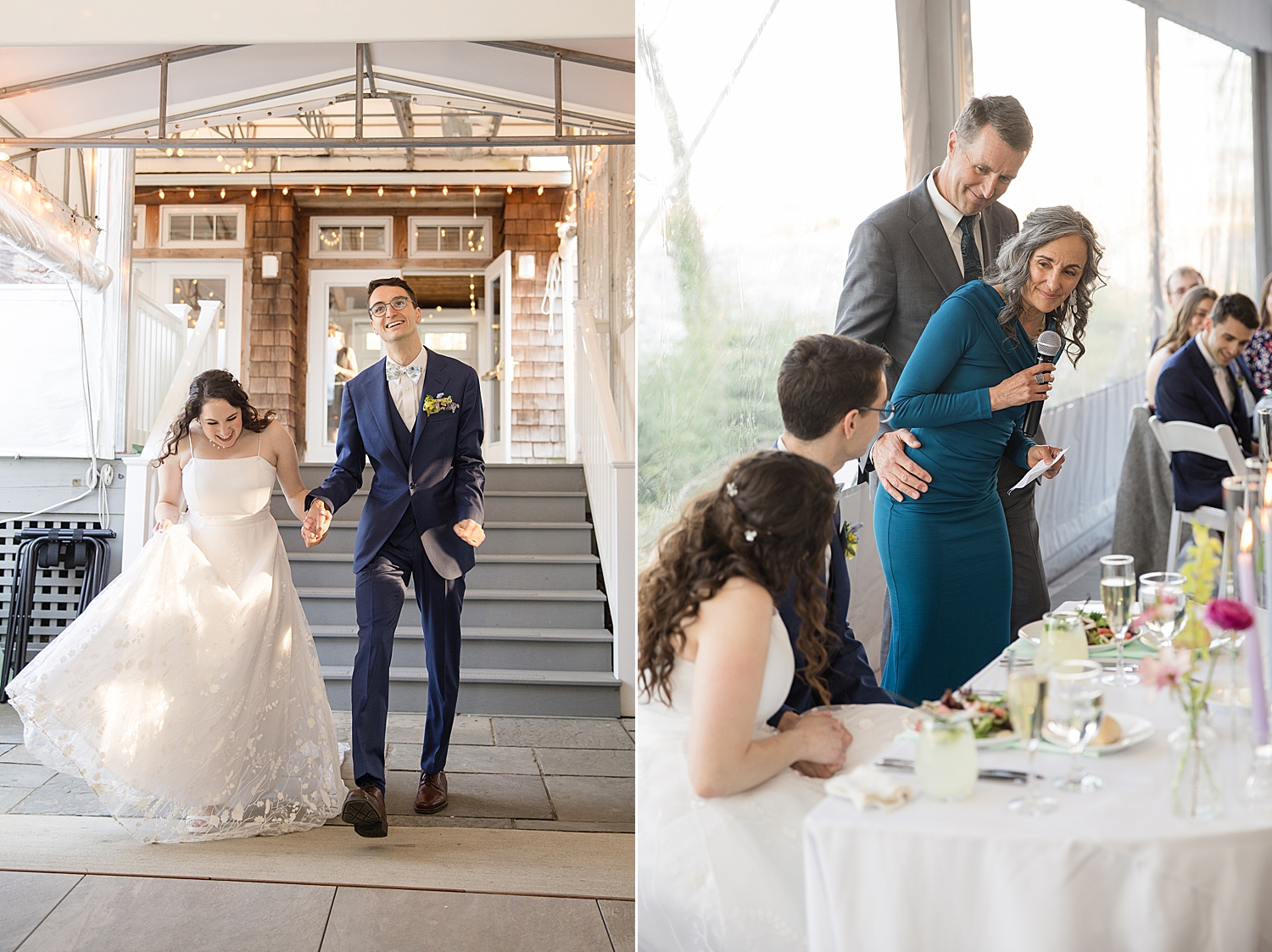 bride and groom enter reception tent