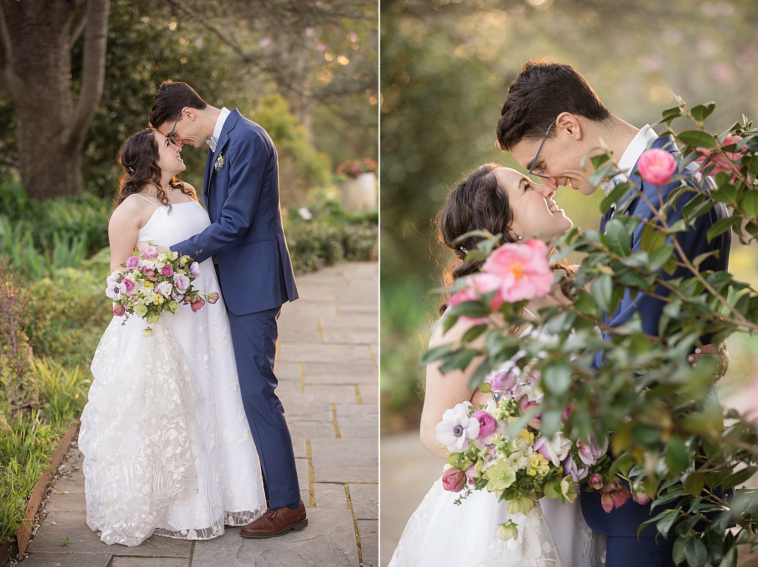 couple portrait behind rose bushes