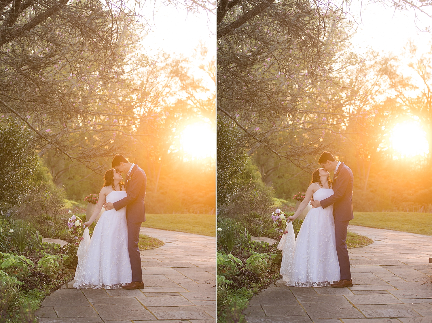 bride and groom sunset portrait, glowy golden hour