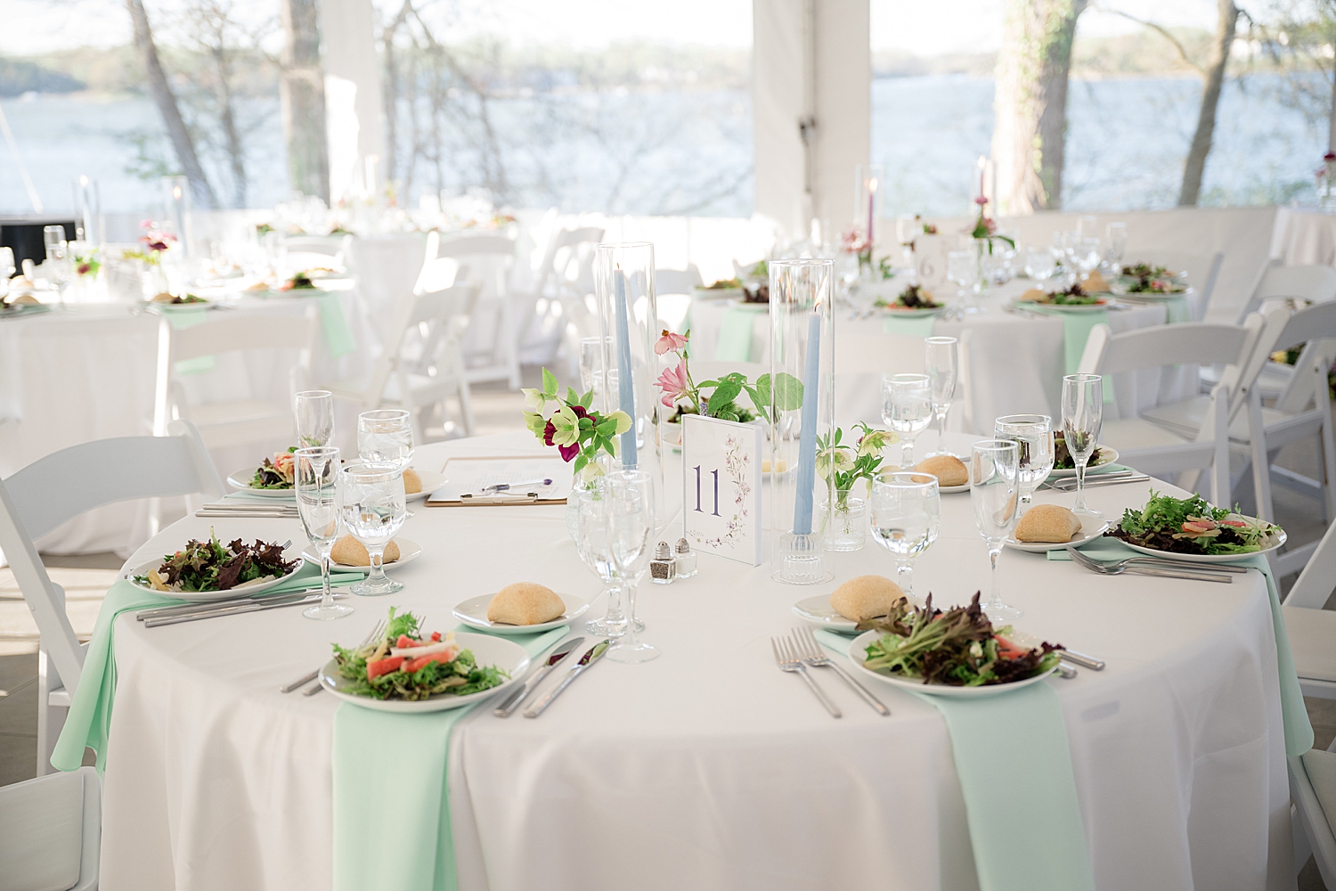 reception tent table details, sage linens