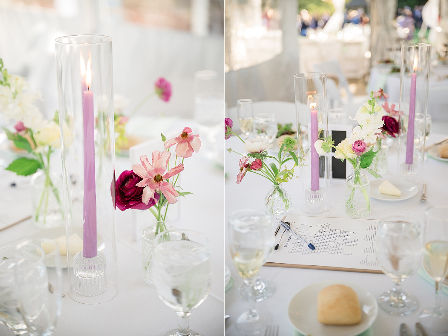 reception tent table details, purple taper candles