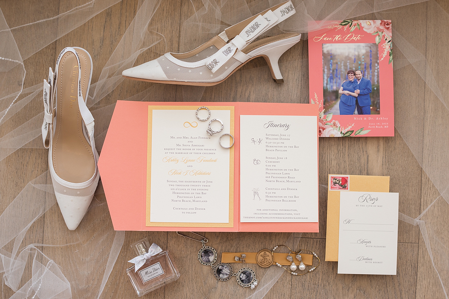 wedding flat lay details, coral invitation, bridal shoes