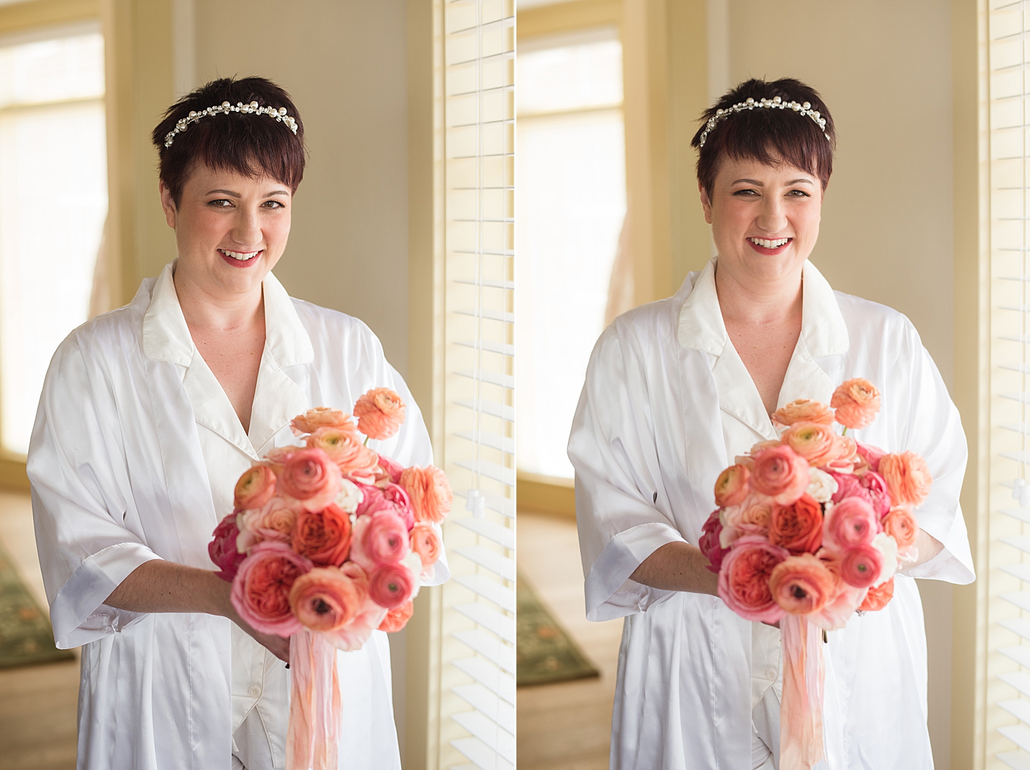 bride in wedding robe with bouquet