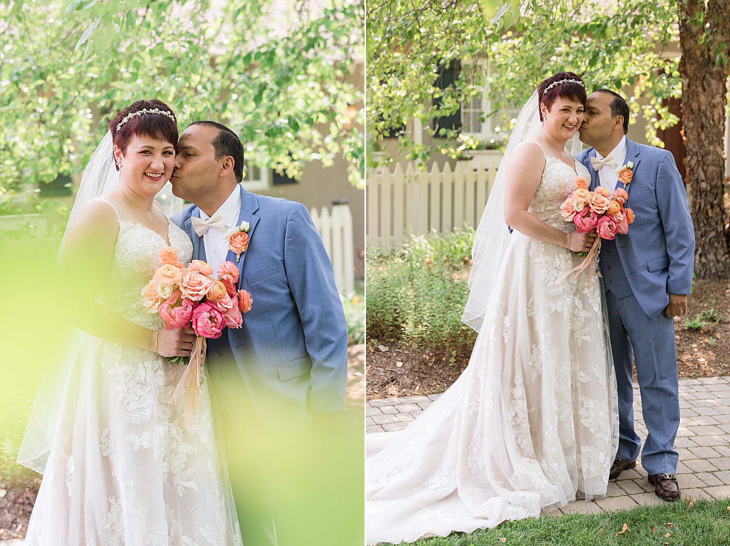 bride and groom portrait kiss, coral bouquet blue suit