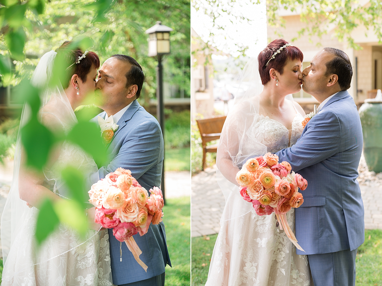 couple portrait coral bouquet blue suit