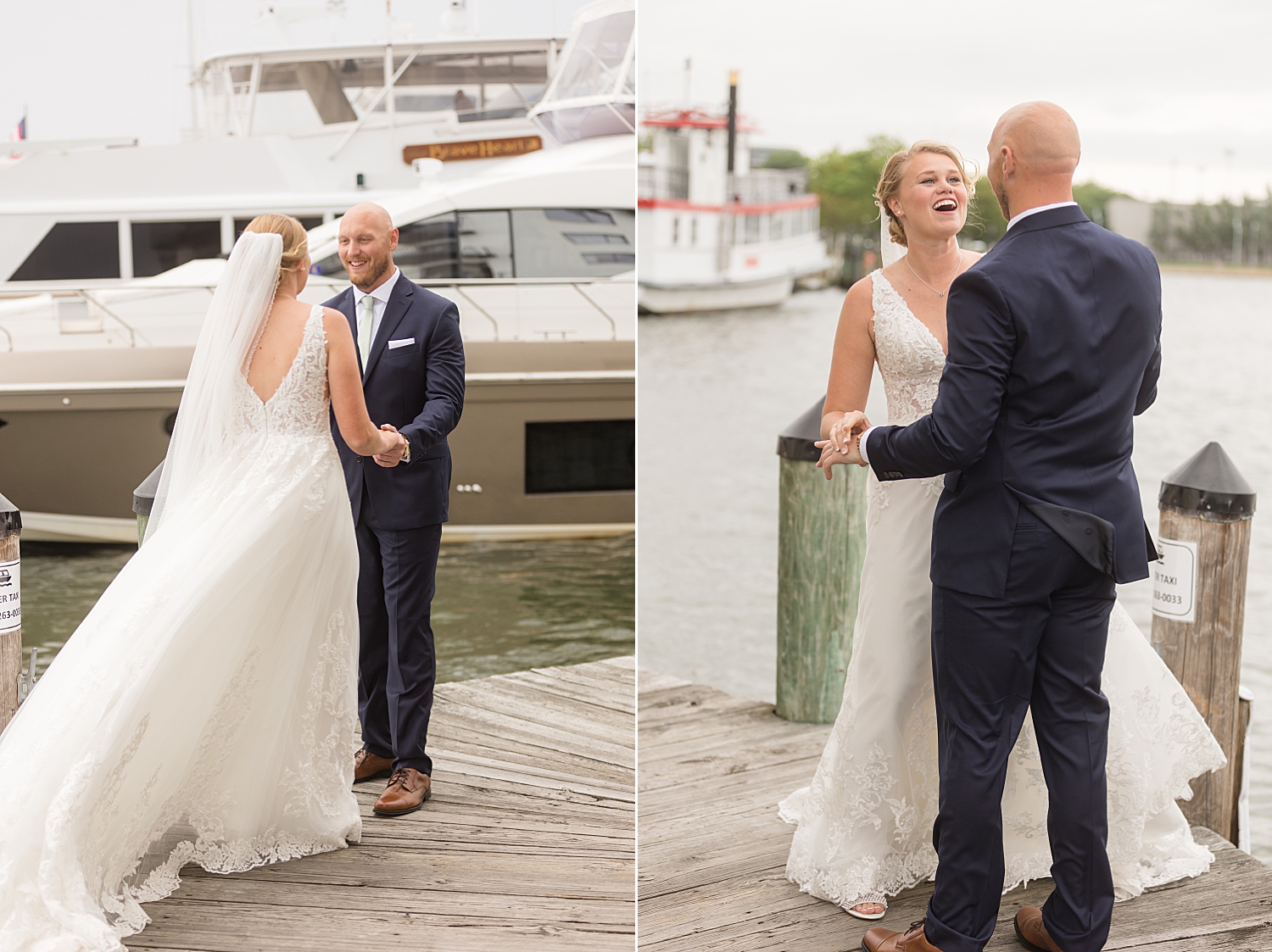 bride and groom annapolis docks first look