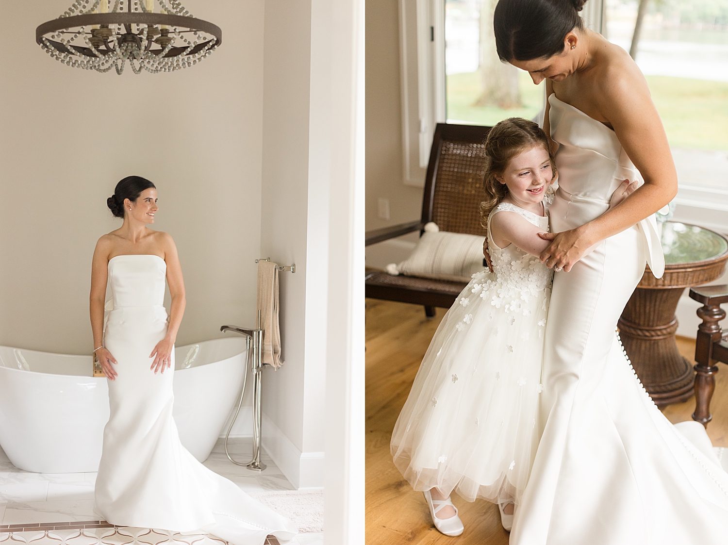 bride getting ready with flower girl