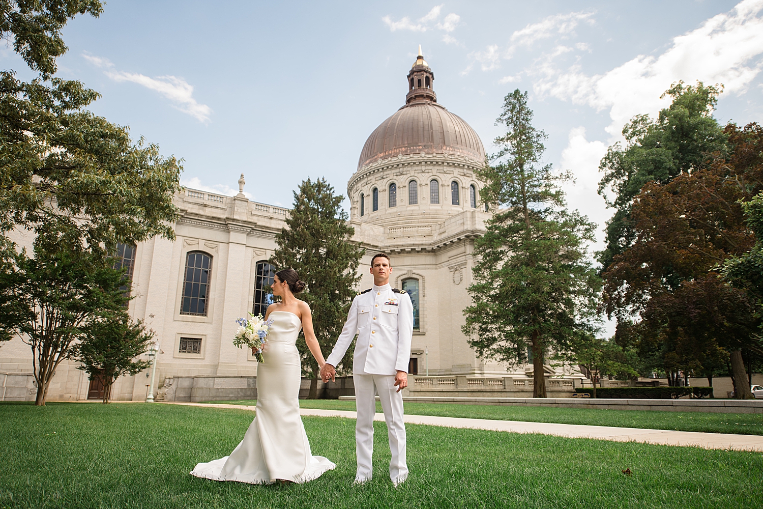 bride and groom portrait at naval academy