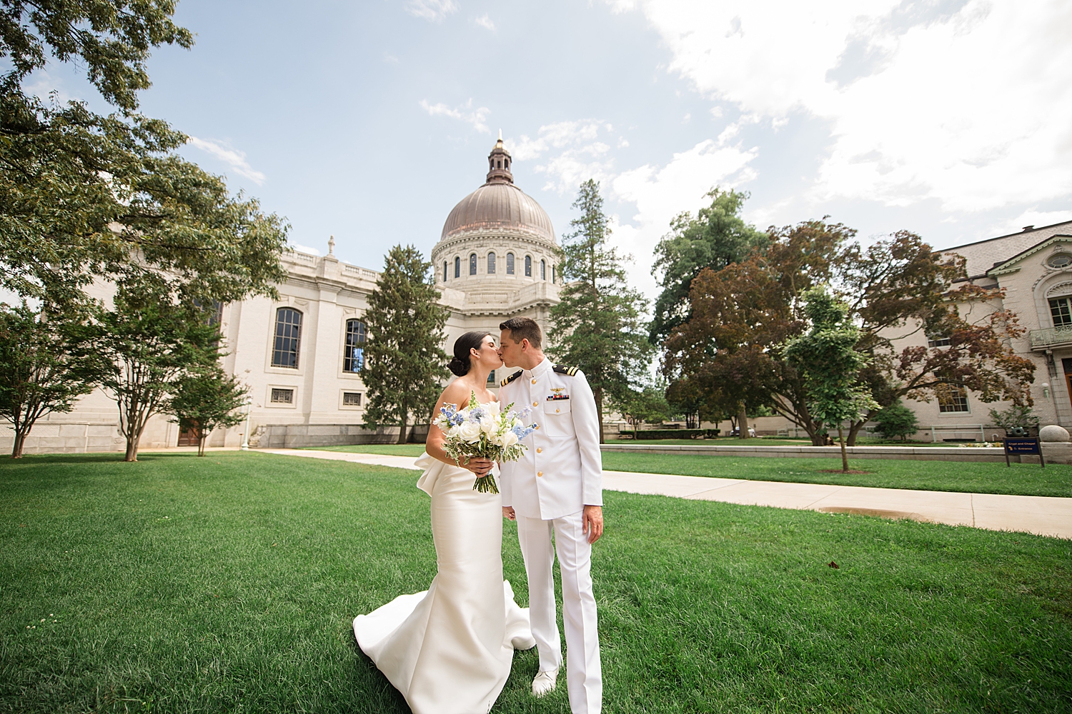 bride and groom portrait at naval academy