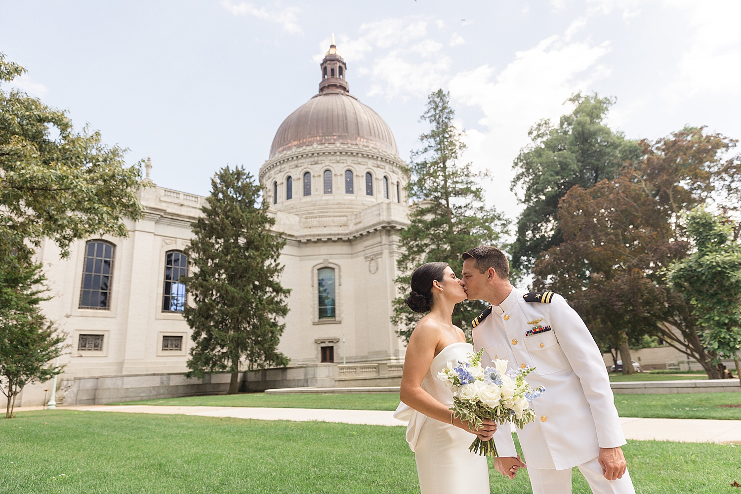 bride and groom portrait at naval academy