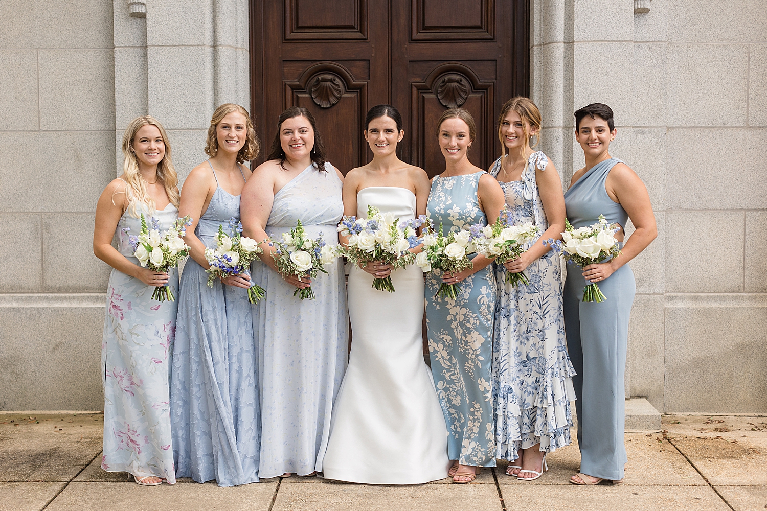 bridesmaids photo, shades of blue and floral