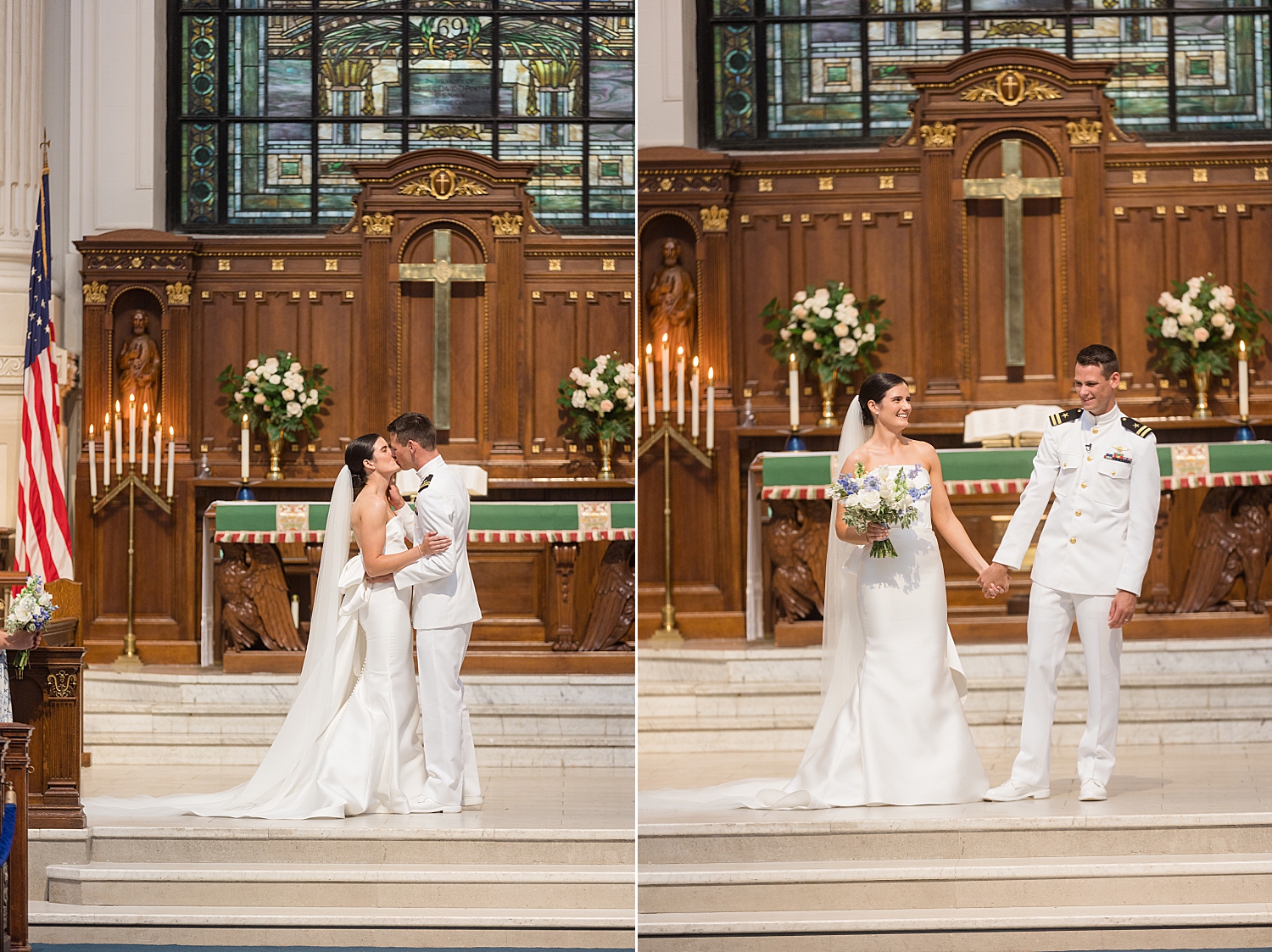 bride and groom chapel first kiss