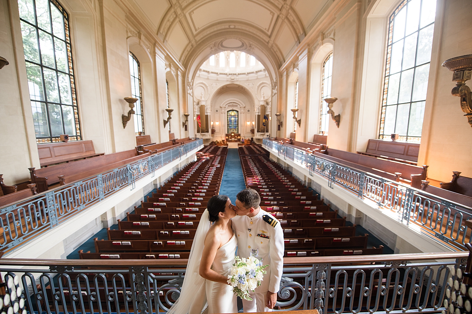 bride and groom portrait at naval academy chapel