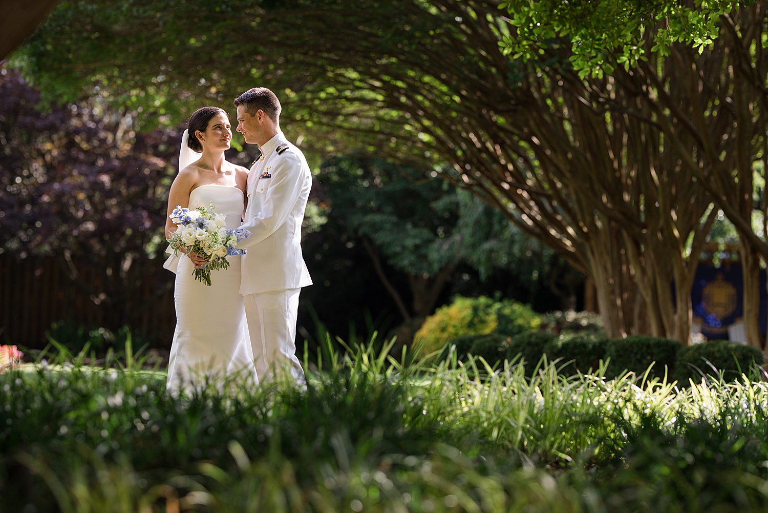 bride and groom portrait at naval academy