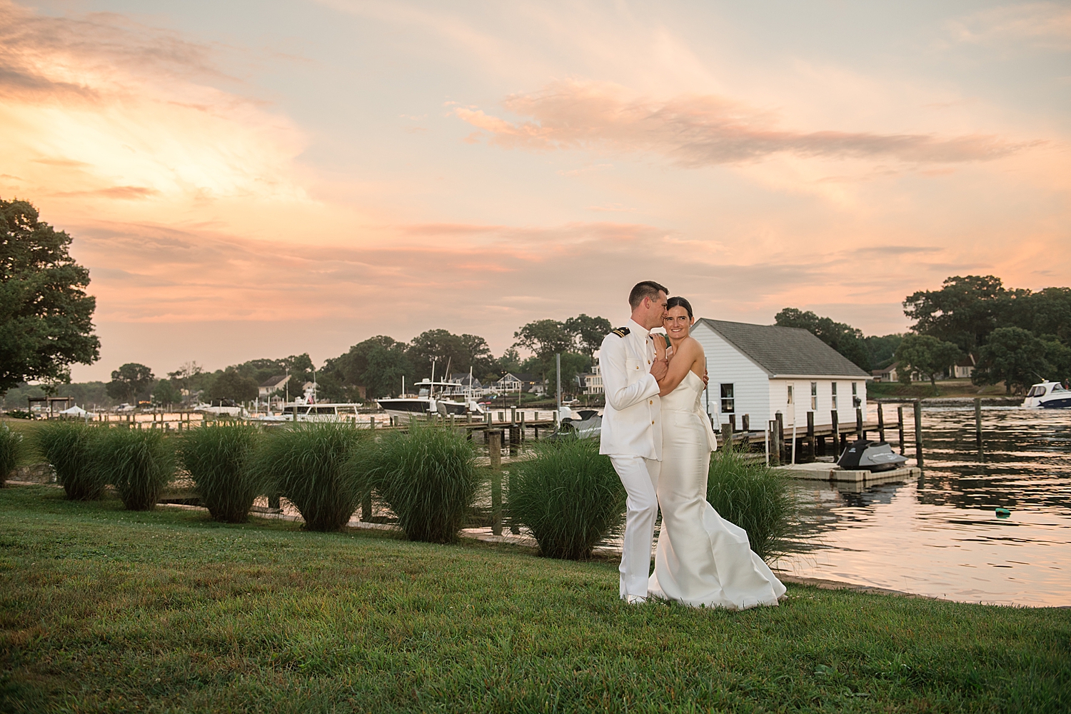 sunset portrait of bride and groom