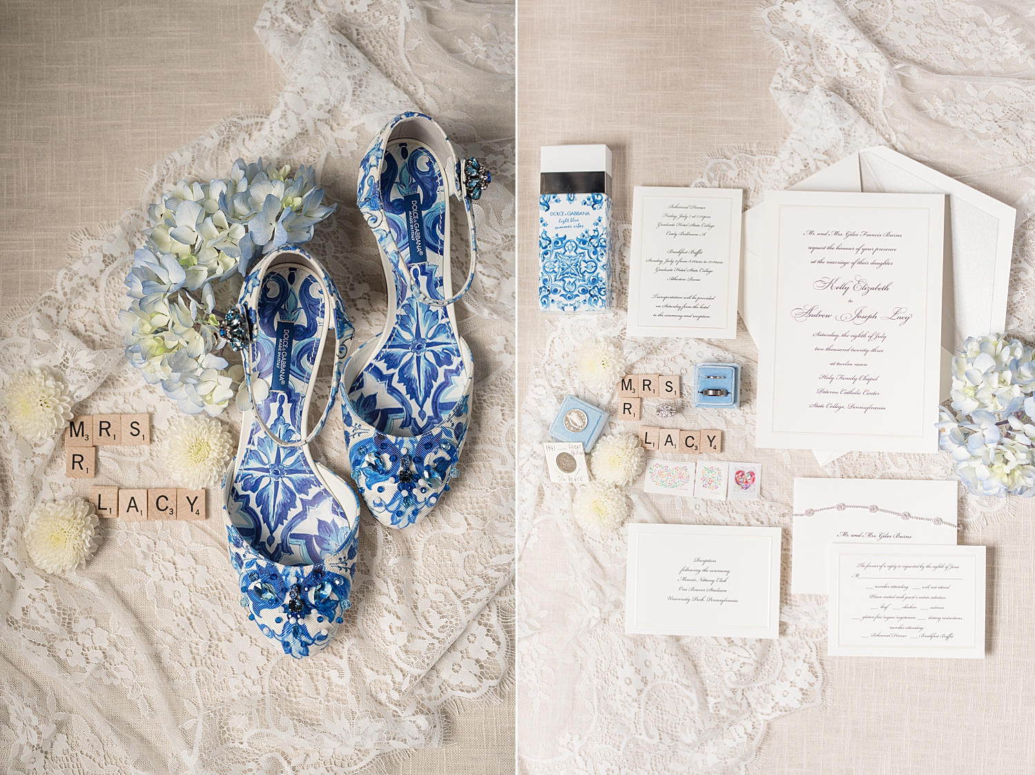 getting ready details flat lay blue shoes invitation suite