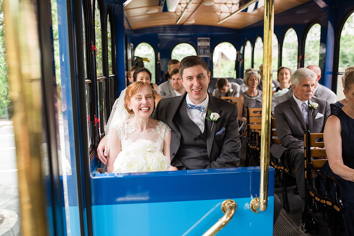 bride and groom on trolley