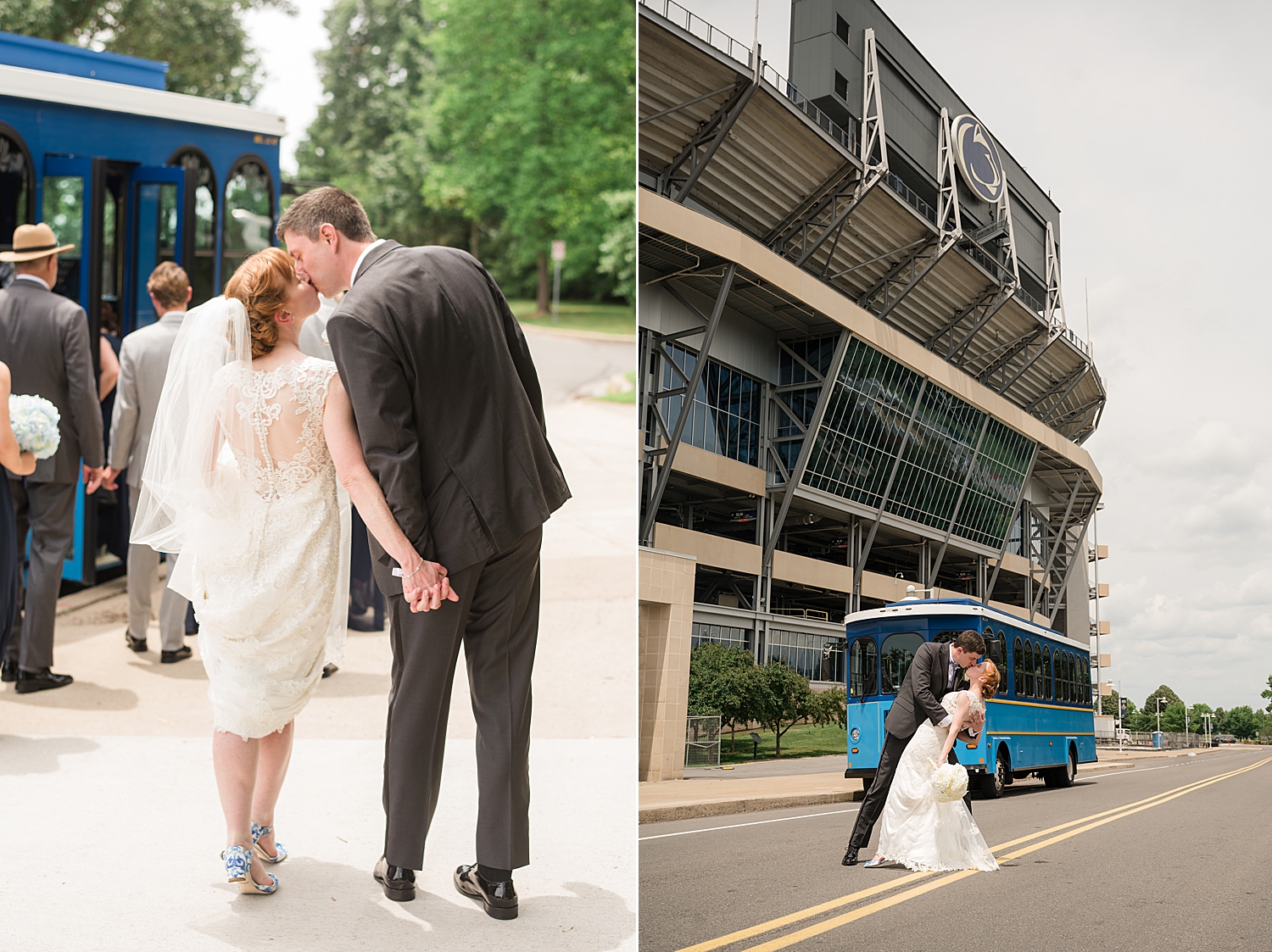 bride and groom kiss in front of trolley