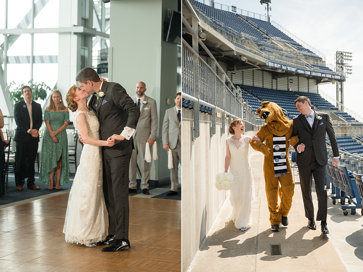 bride and groom portrait with penn state mascot