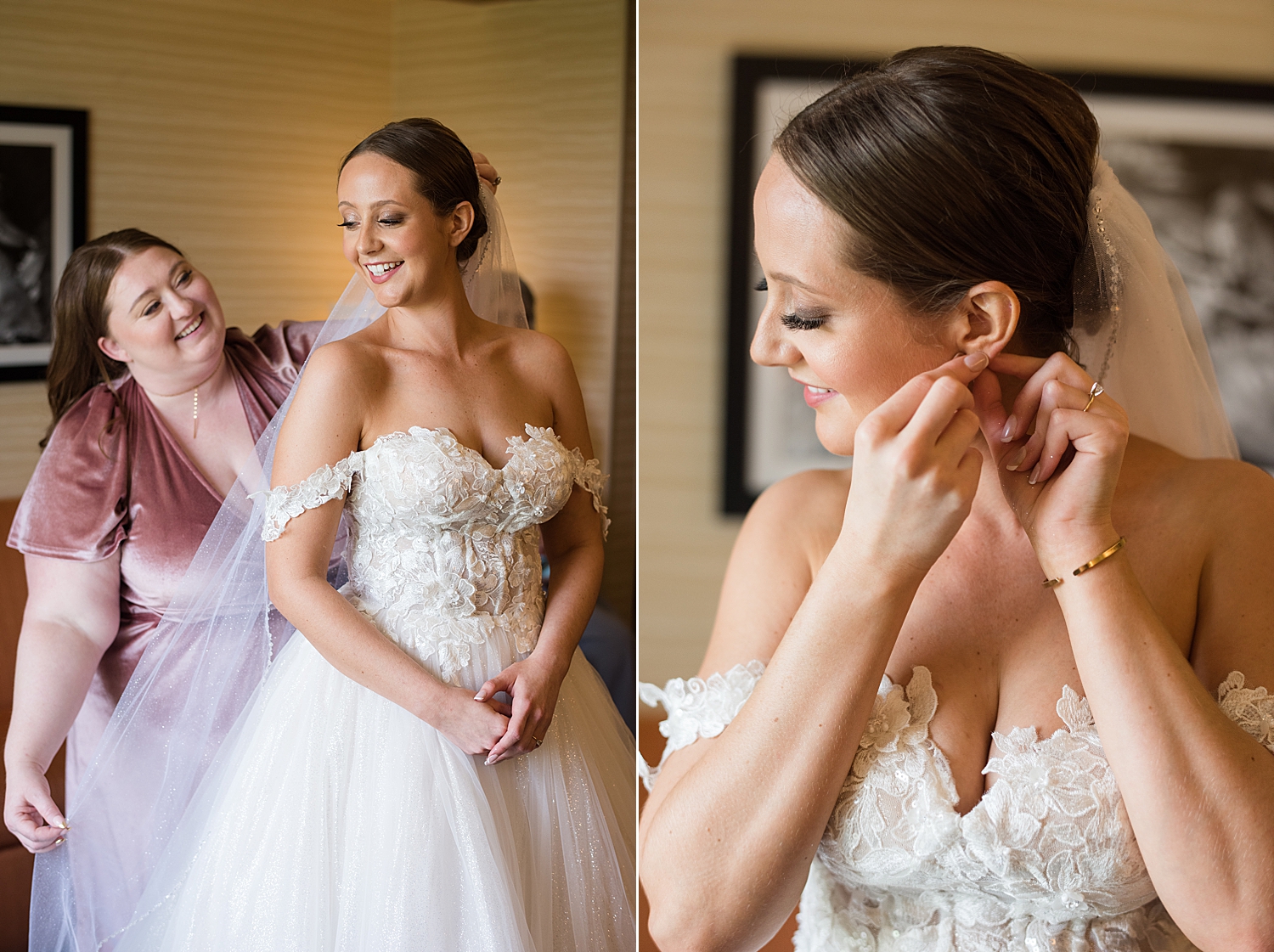 bride getting ready, putting on earrings