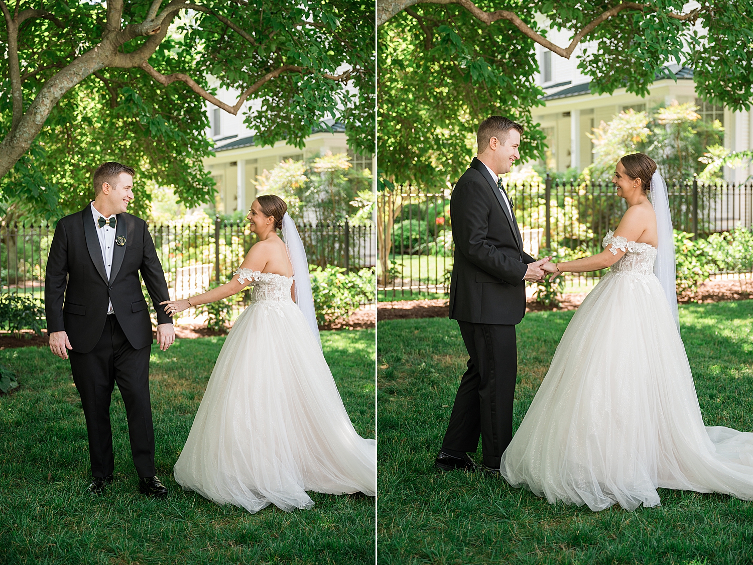 bride and groom first look under green trees