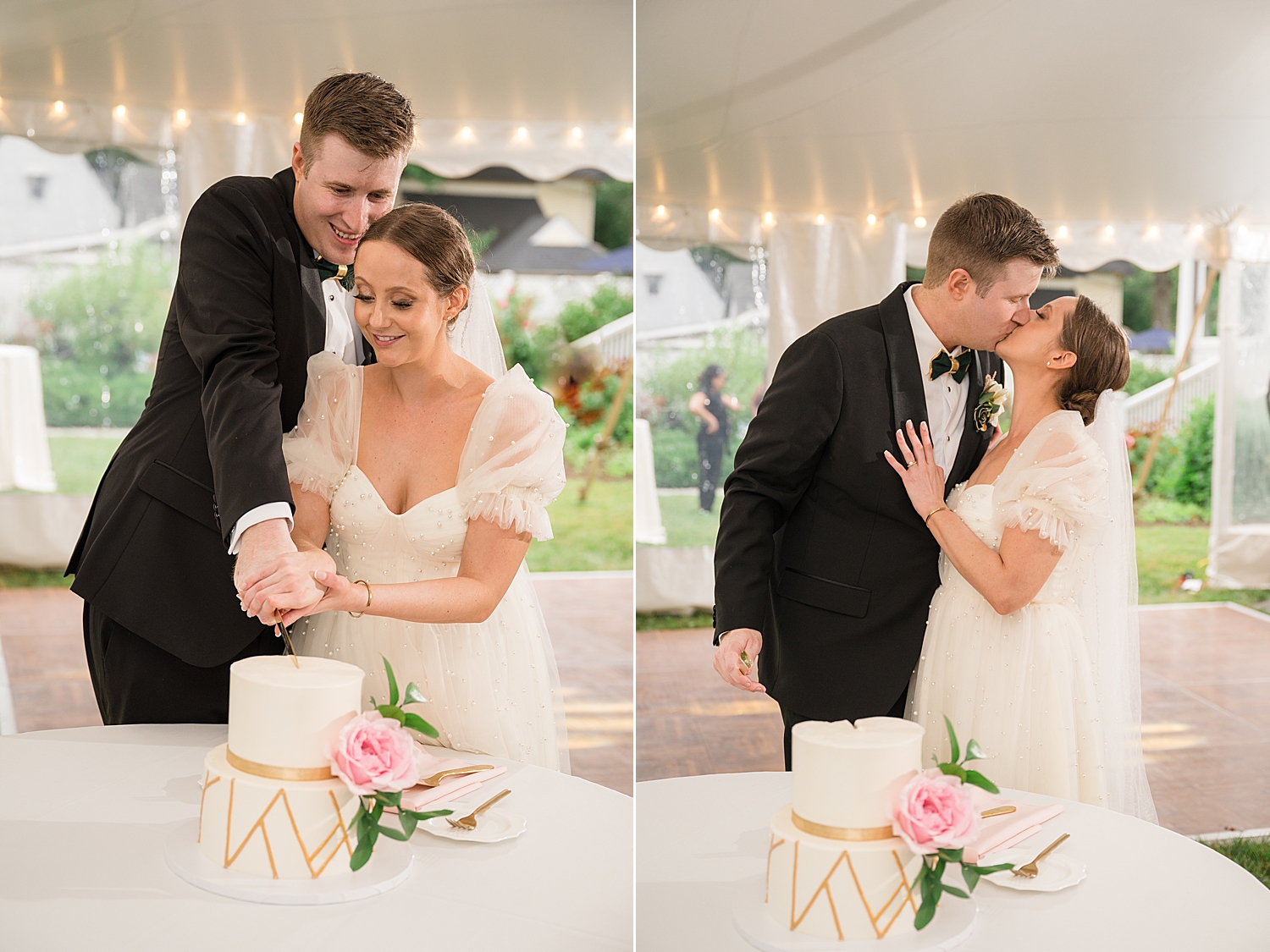 bride and groom cut small wedding cake and kiss