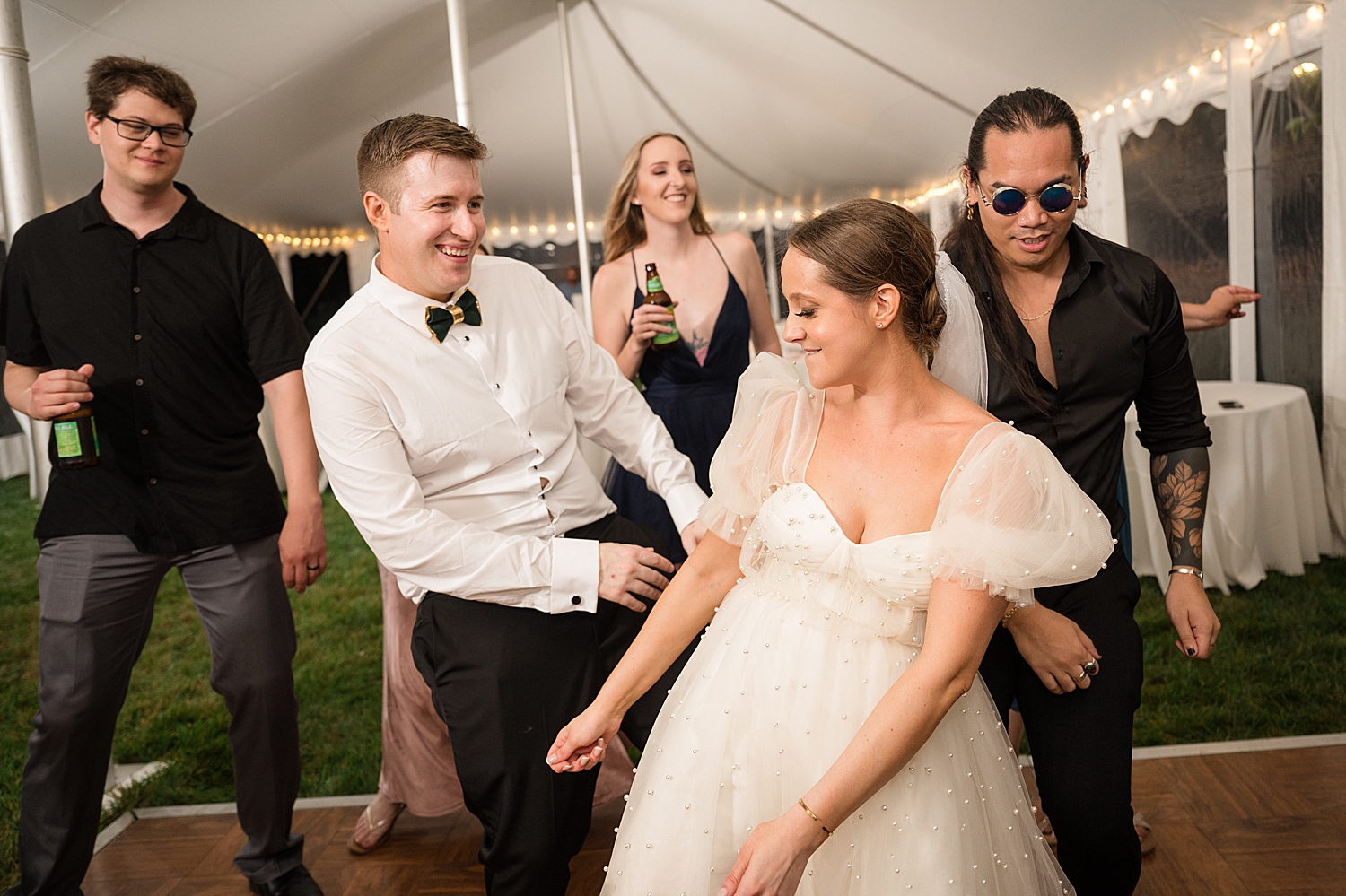 candid couple dancing