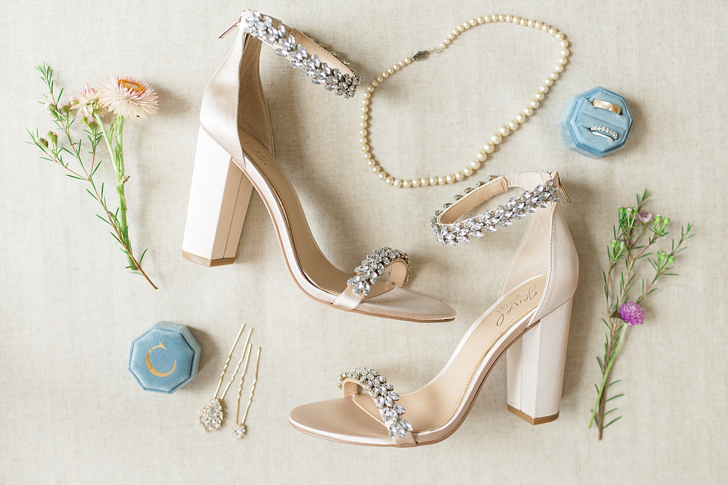 bridal details shoes, blue ring box, jewelry