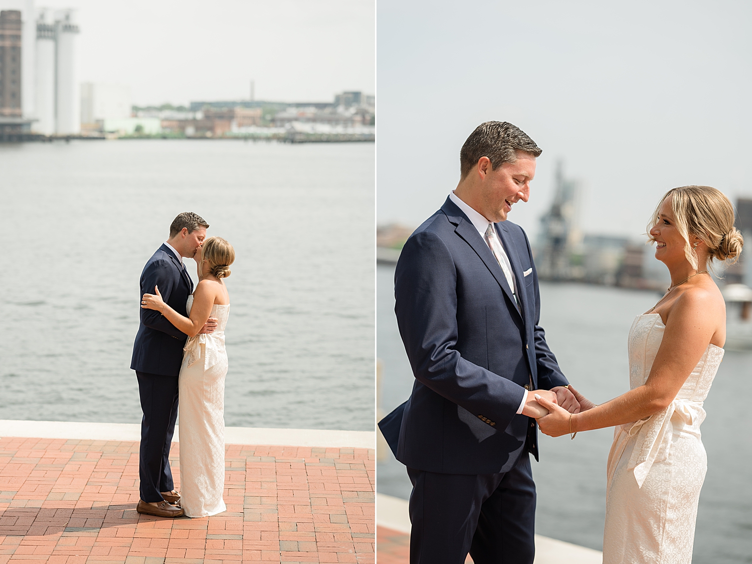 bride and groom first look baltimore harbor