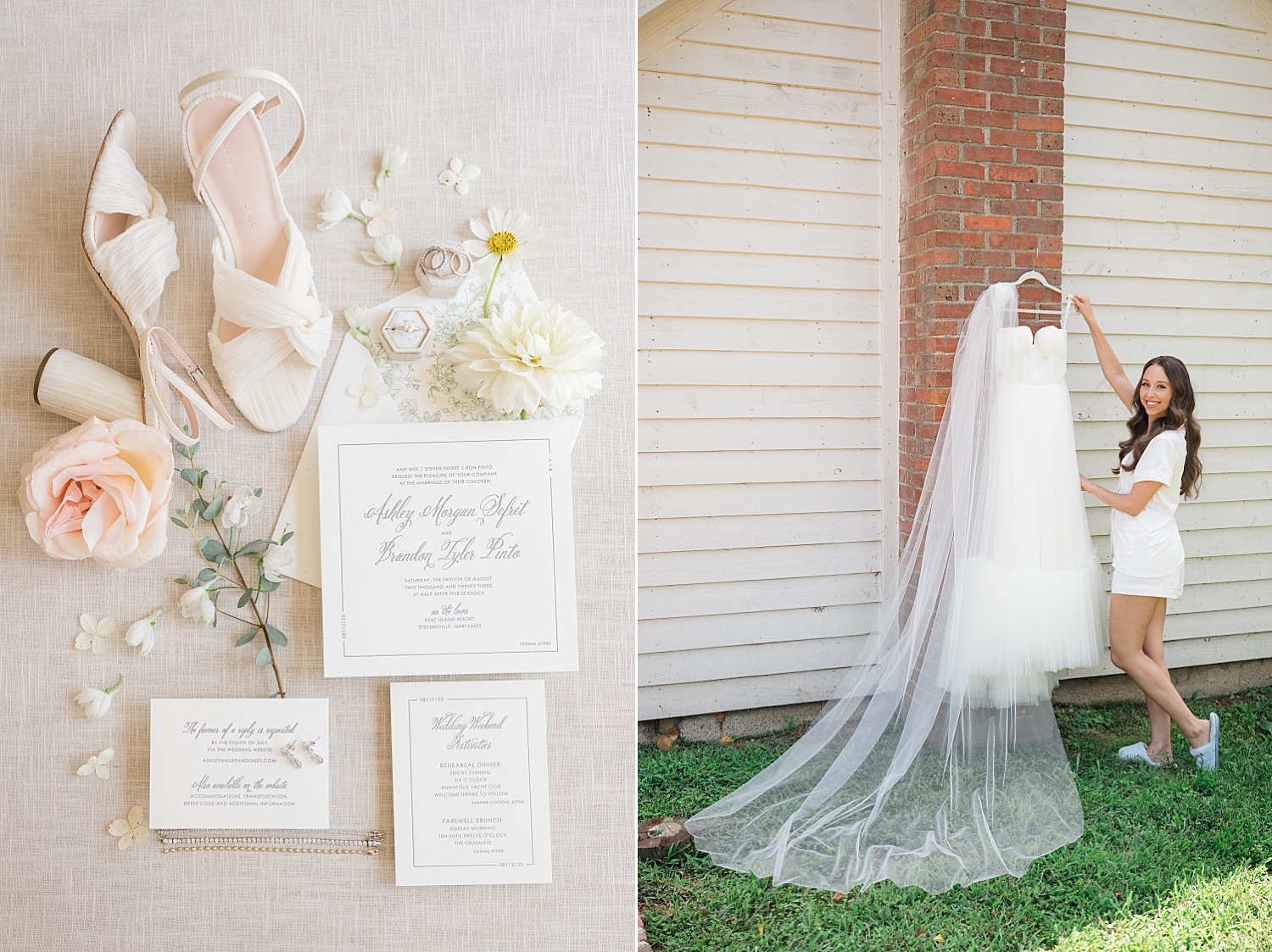 wedding details, invitation, shoes, florals, bride with wedding dress