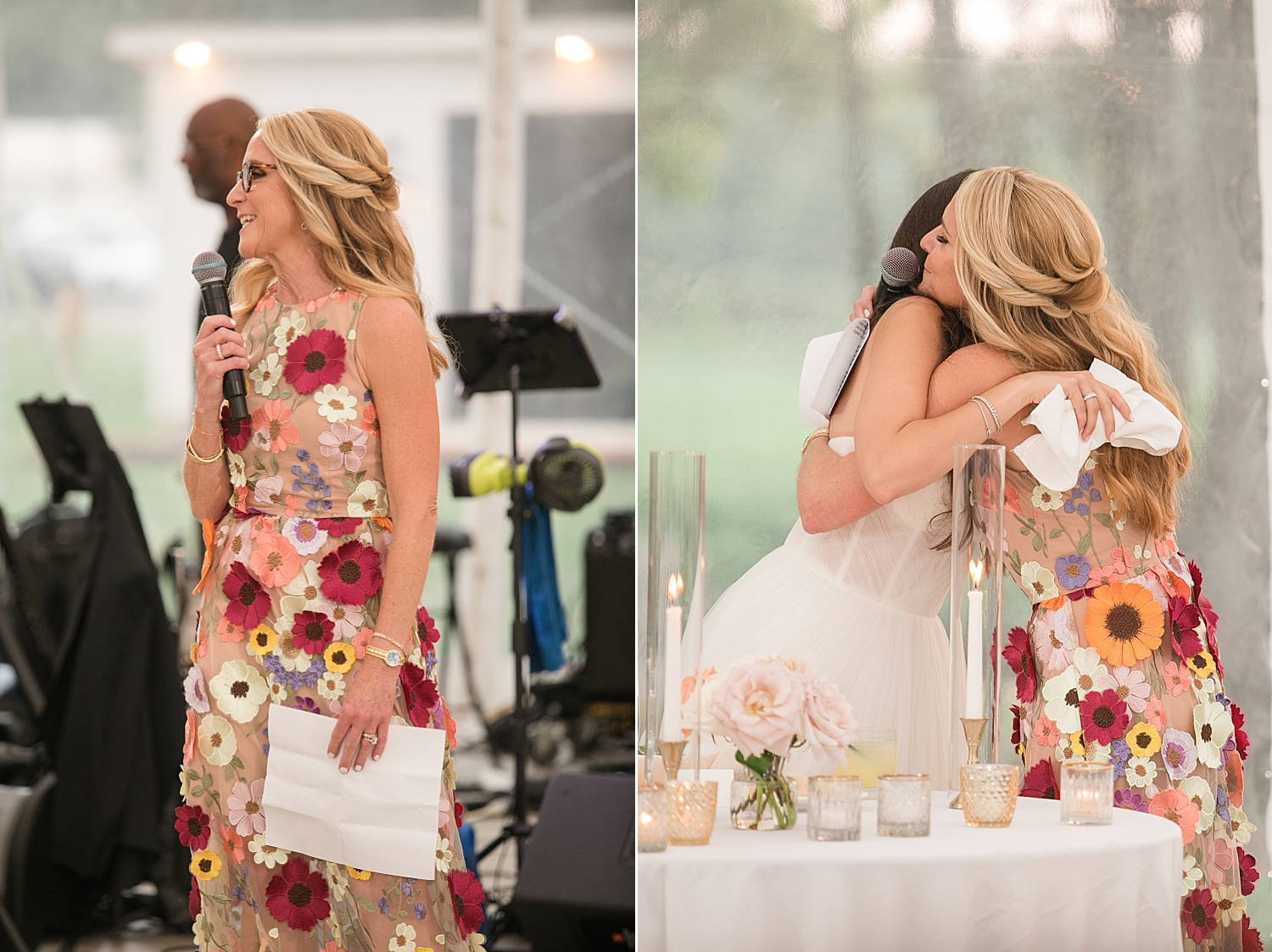 bride's mother gives a toast, hugs bride