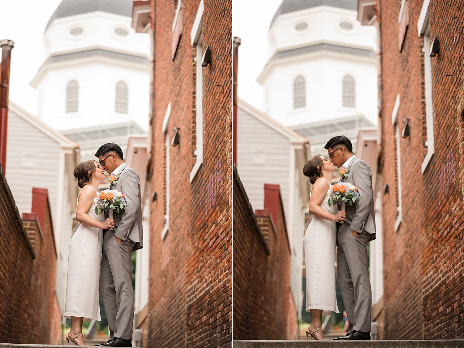 bride and groom in alley with state house