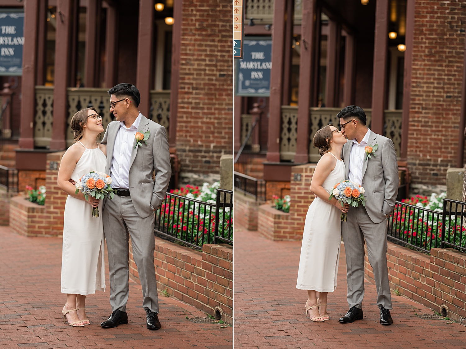 bride and groom portrait in front of liberty inn annapolis