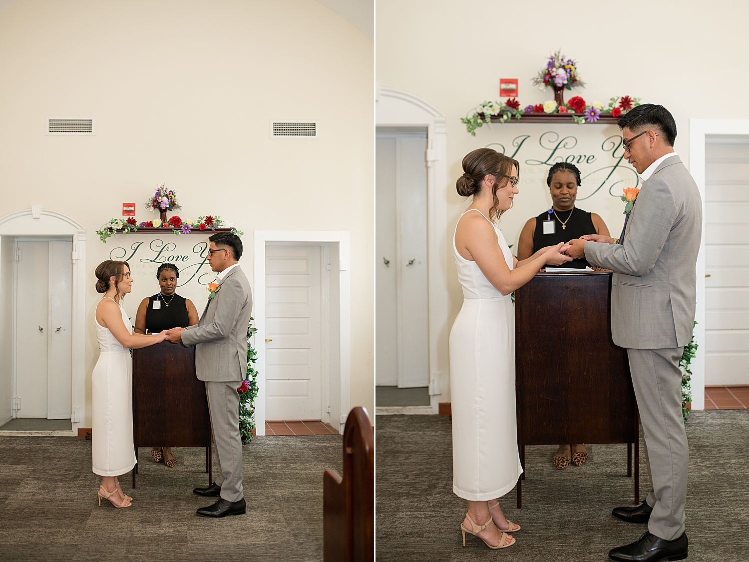 bride and groom exchange rings at courthouse