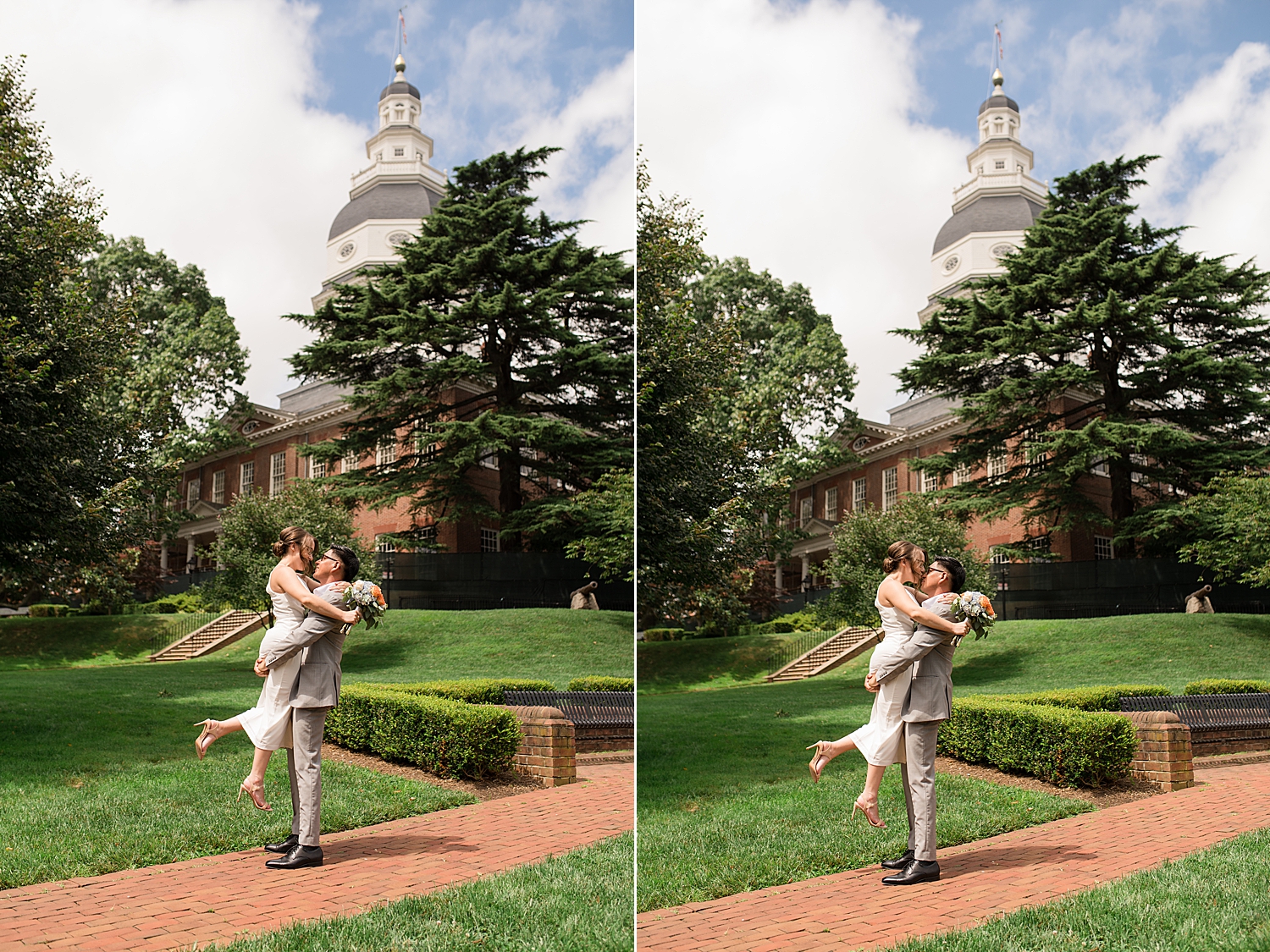 bride and groom portrait in front of maryland state house