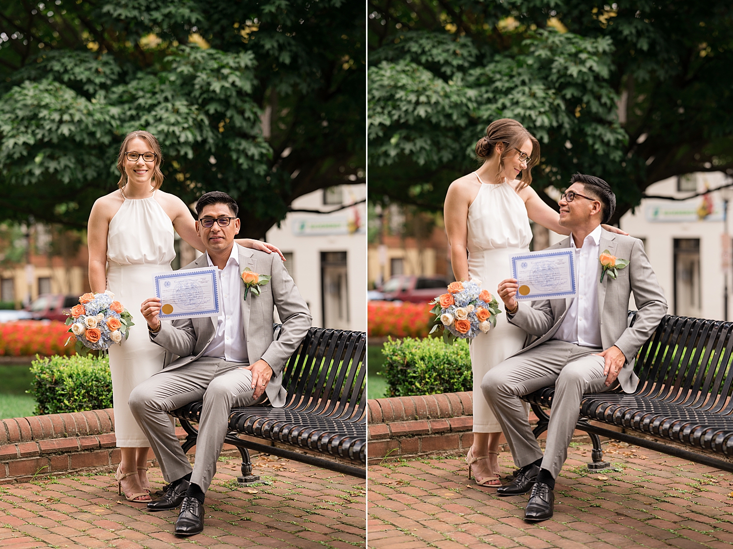 bride and groom pose in Annapolis with their marriage license