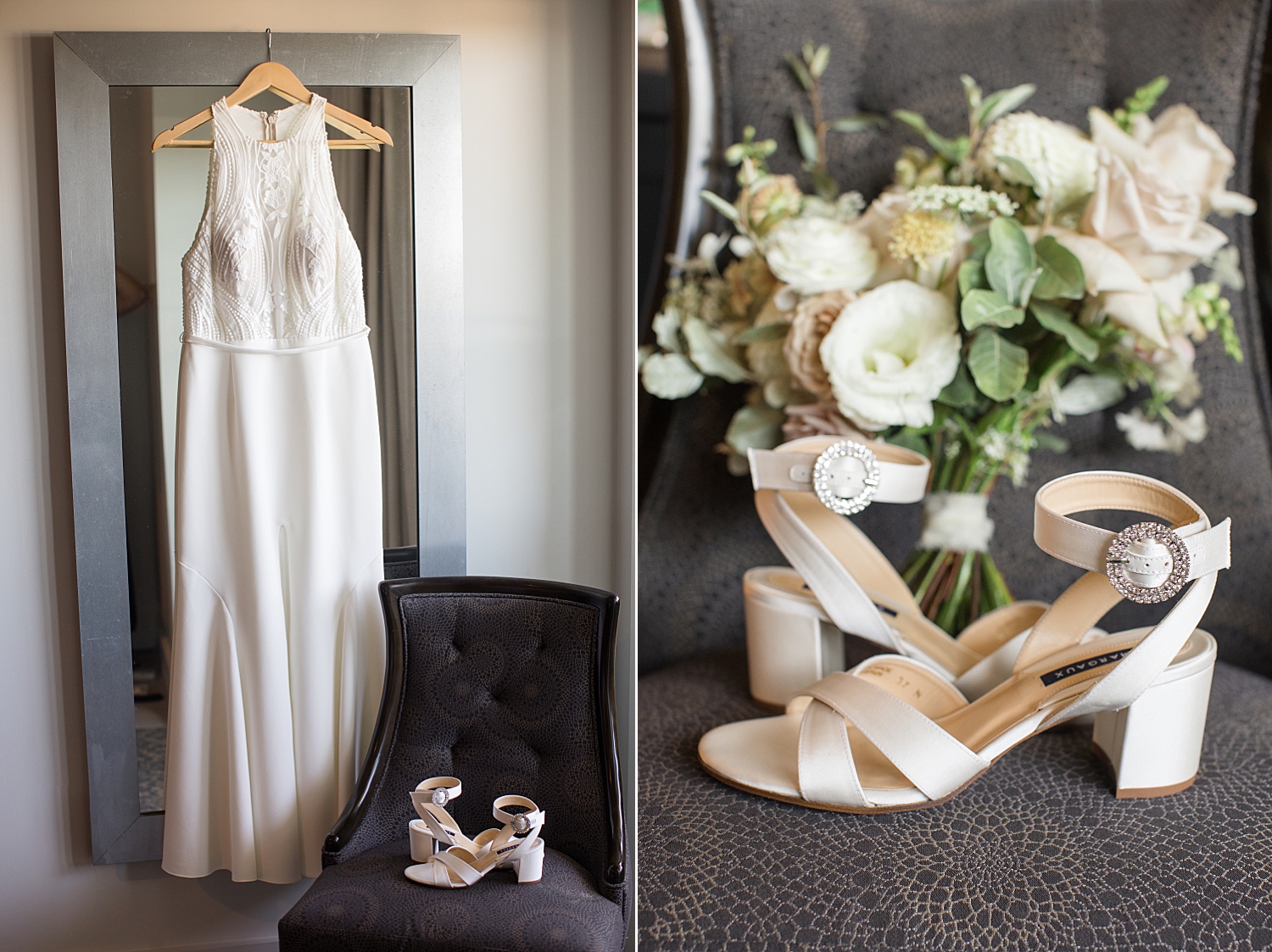 bridal details, dress hanging, champagne shoes with white bouquet