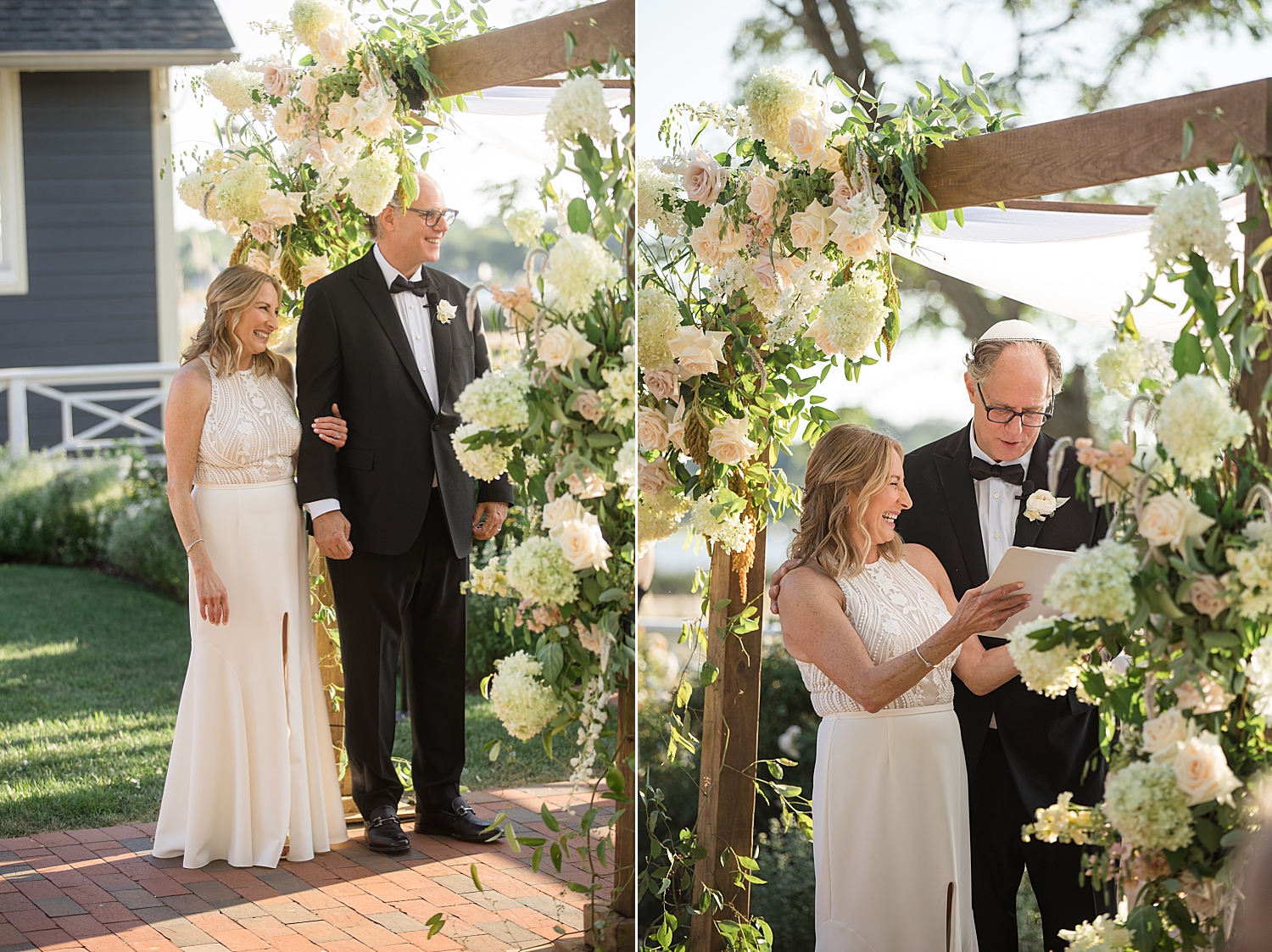 bride and groom during ceremony with white floral arch