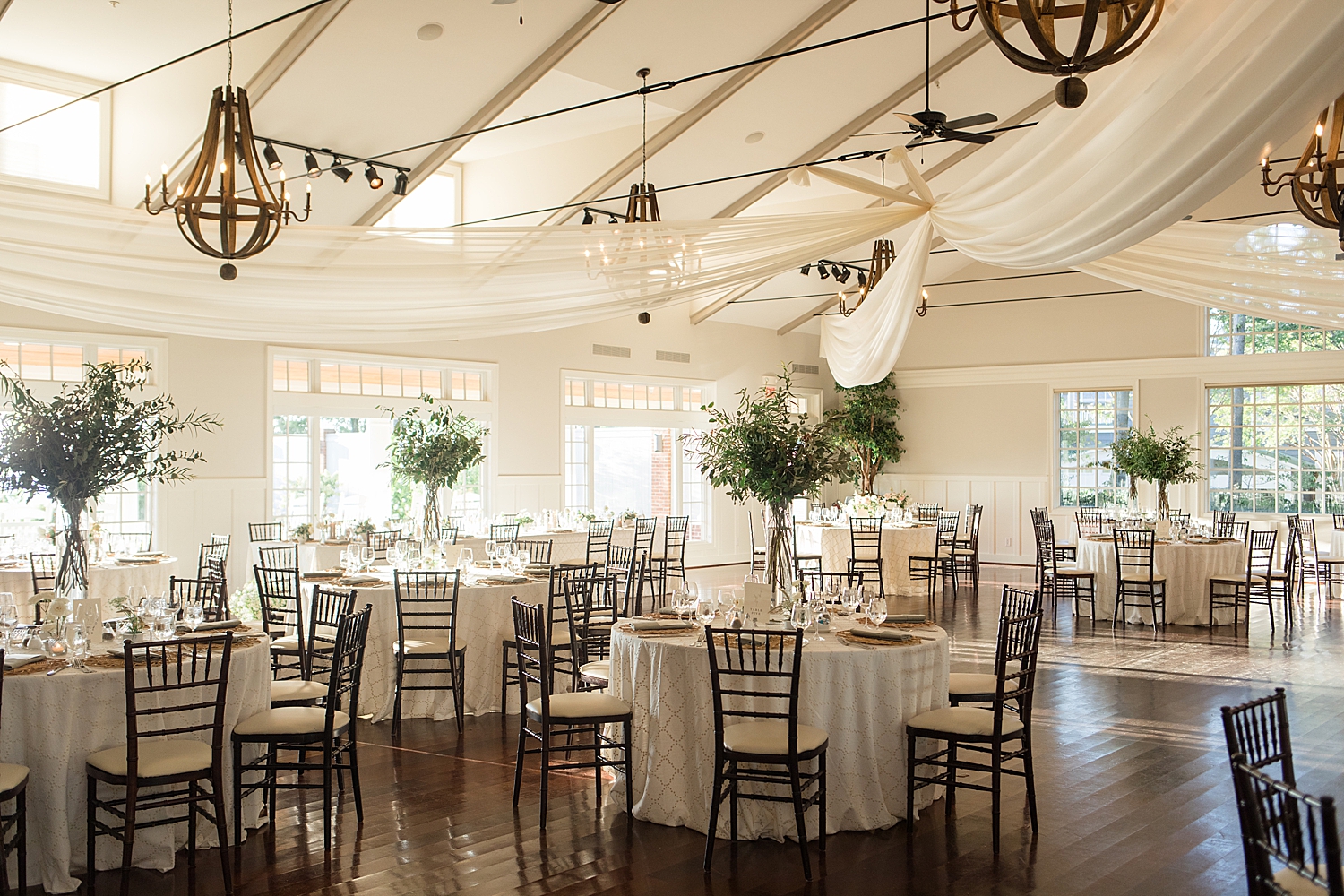 wide shot of ballroom reception decor