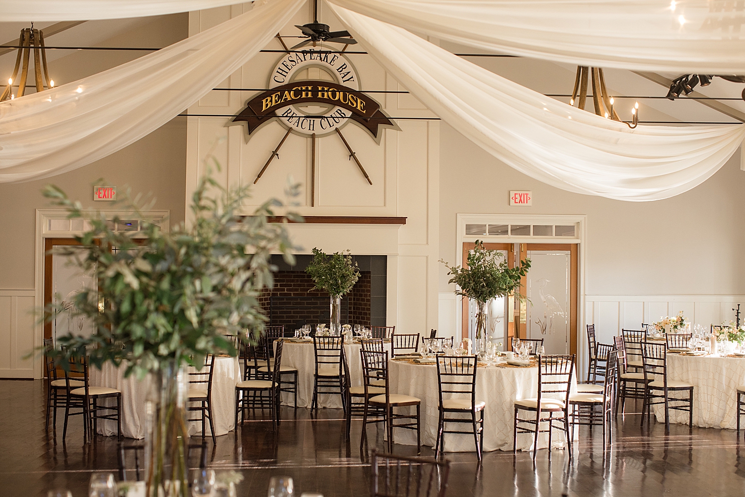 wide shot of ballroom reception decor