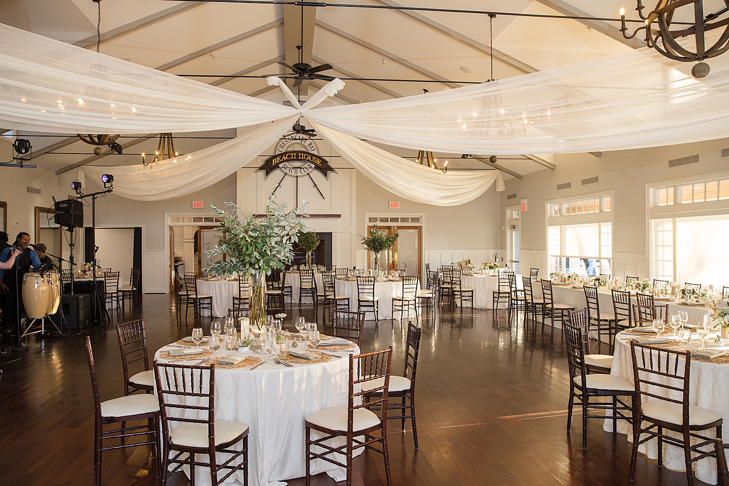 wide shot of ballroom reception decor