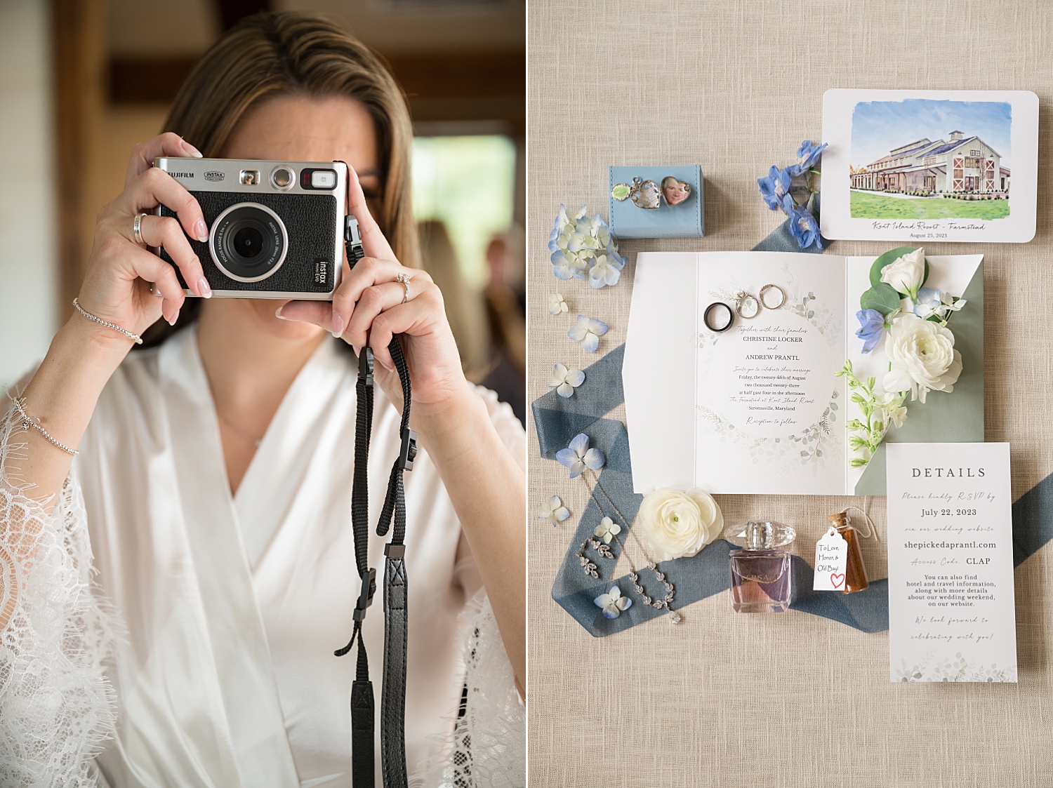 bride holds up vintage camera, wedding details flat lay