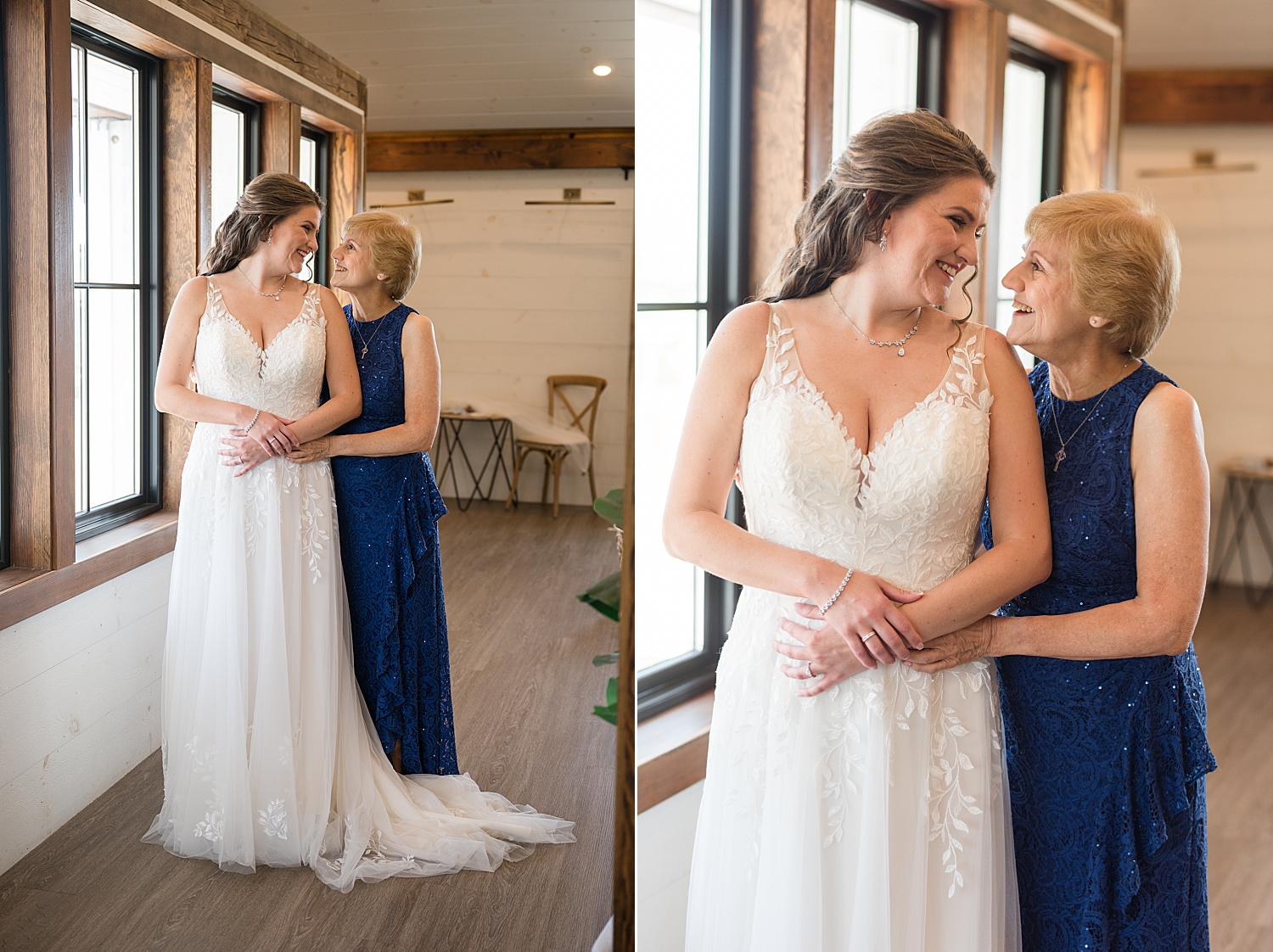 bride's mom helps her get ready